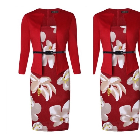 Dresses & Skirts - Red Floral Blazer-Accent Belted Sheath Dress